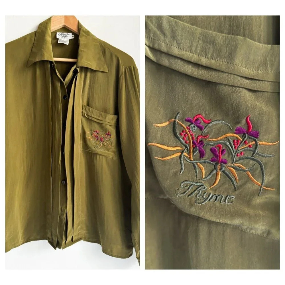 Vintage Jennifer Lane Olive Green Silk floral embroidered Long Sleeve M  Shirt